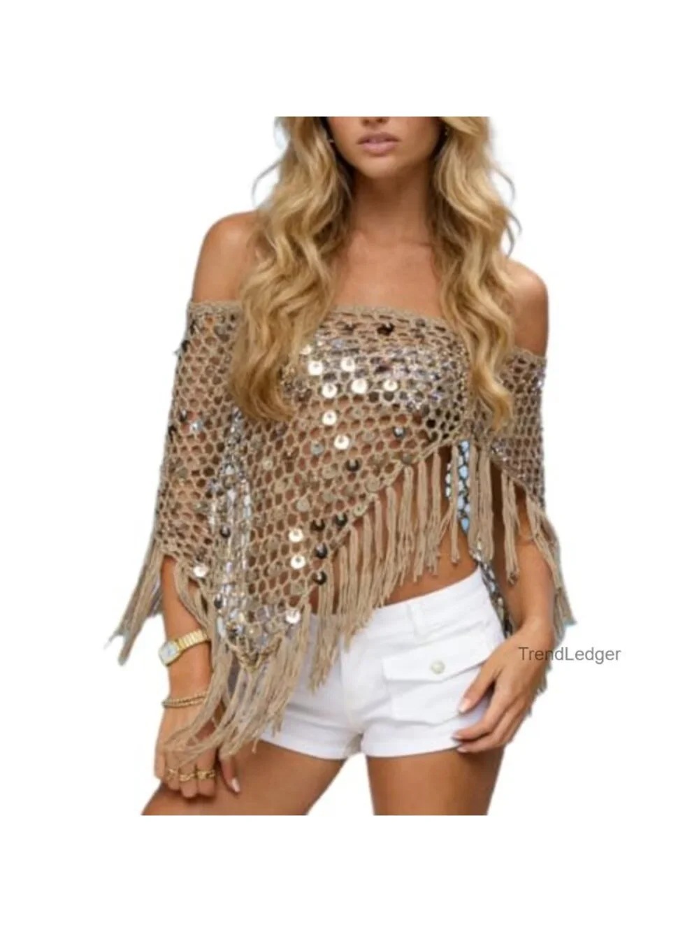 Womens Knit Sequin Poncho Top Crochet Asymmetrical Beach Cover Up